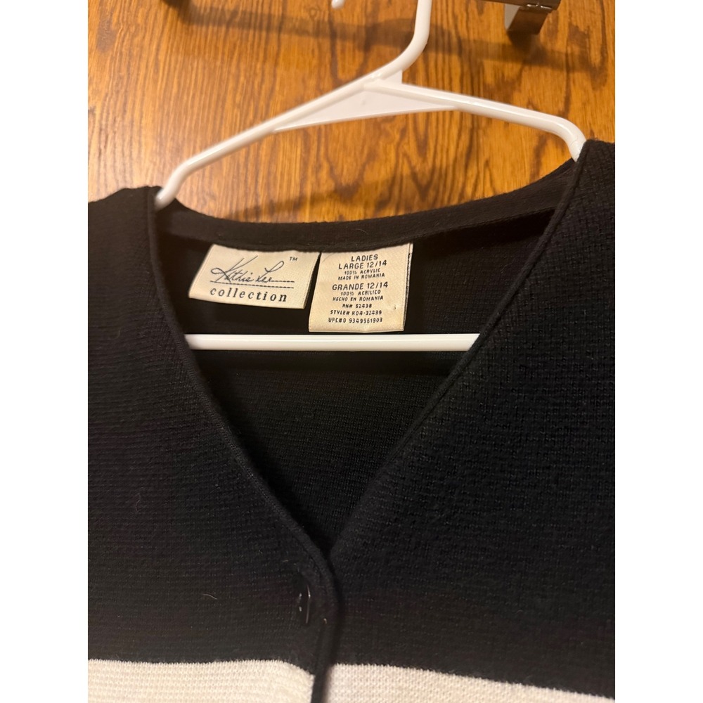 Kathie Lee Collection Black White Striped Cardigan Sweater Womens Large 12/14 - Picture 3 of 5